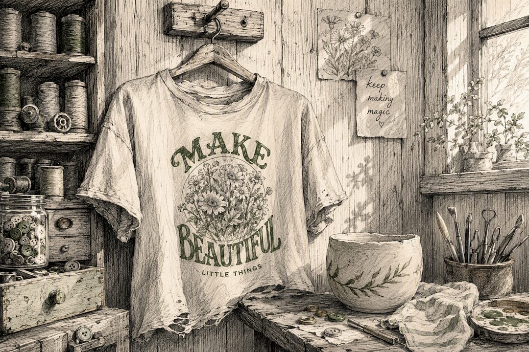 Worn vintage graphic tee near craft table and supplies