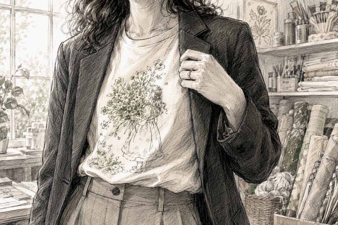 Person styling blazer over vintage graphic tee in craft studio
