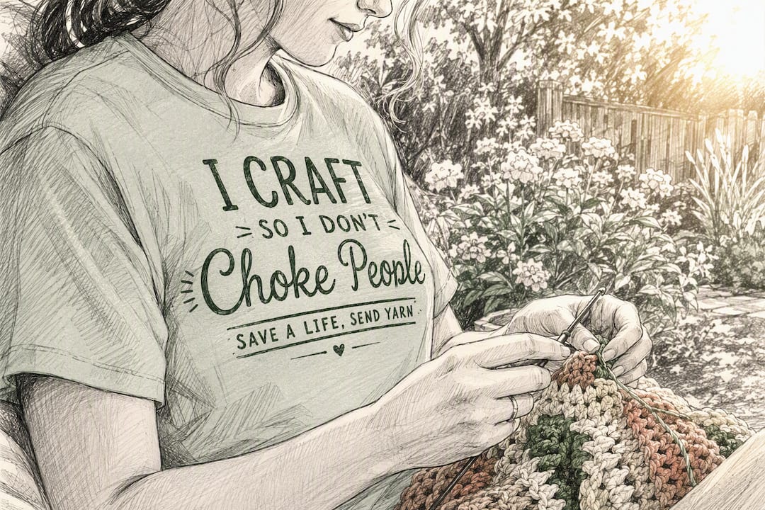 Person wearing craft shirt with humorous saying crafting