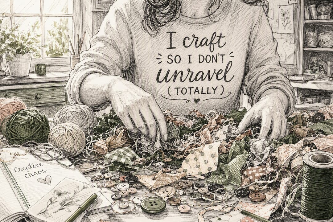 Close-up of hands and humorous craft shirt amid crafting clutter