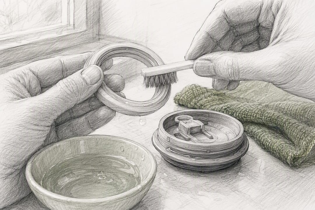 Hands cleaning a mug lid gasket