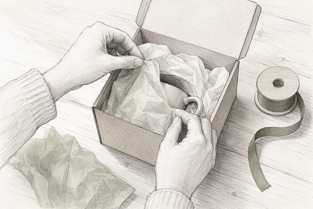 Hands wrapping a ceramic mug in kraft packaging