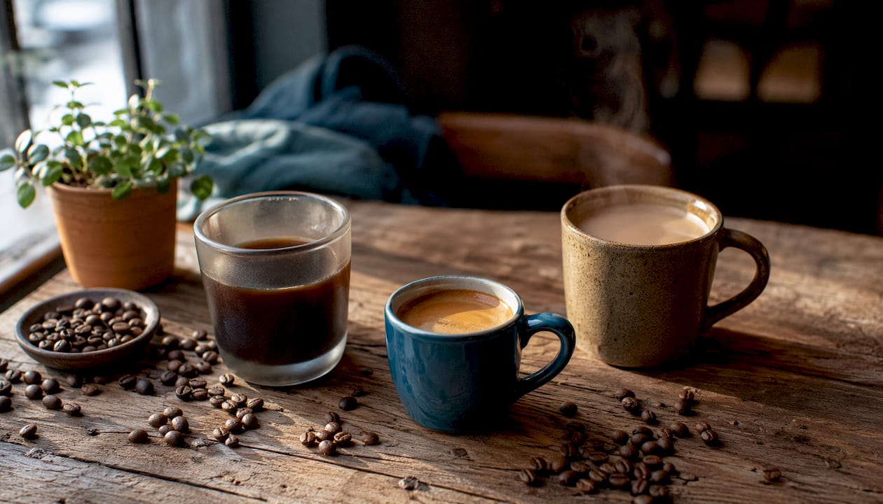 Overhead of decaf coffee and caffeine chart on table