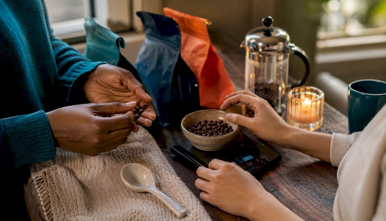 Diverse hands measuring coffee beans on kitchen scale