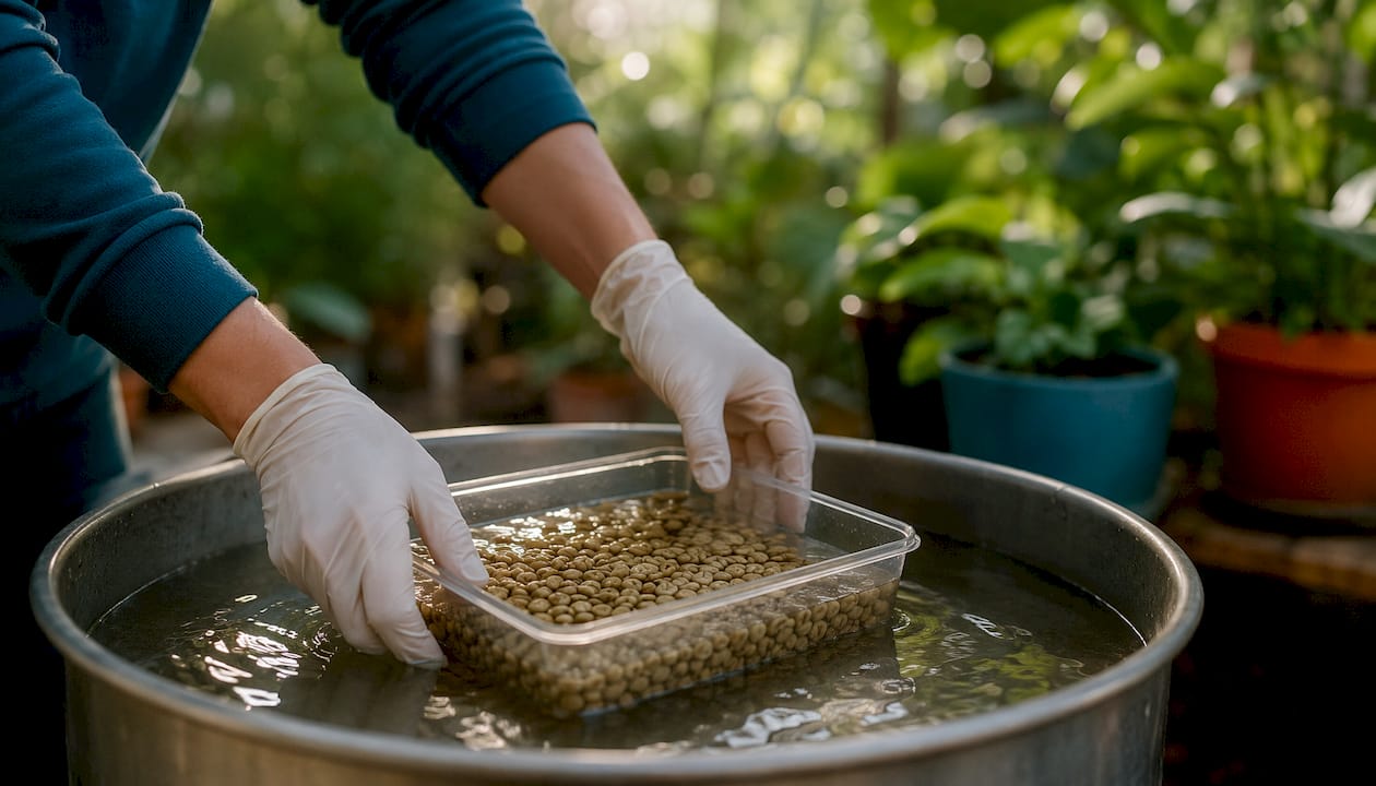 Hands soaking coffee beans in solvent in lab