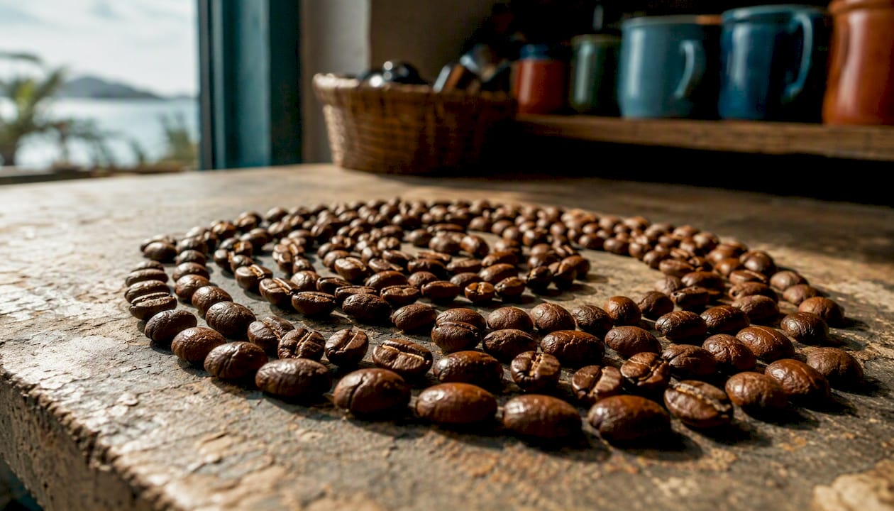 Close-up overhead shot of roasted decaf coffee beans