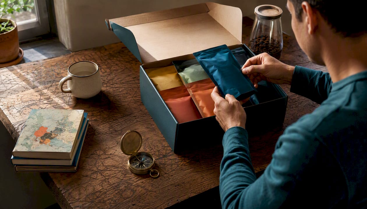 Overhead view of Atlas Coffee Club coffee gift box and hands