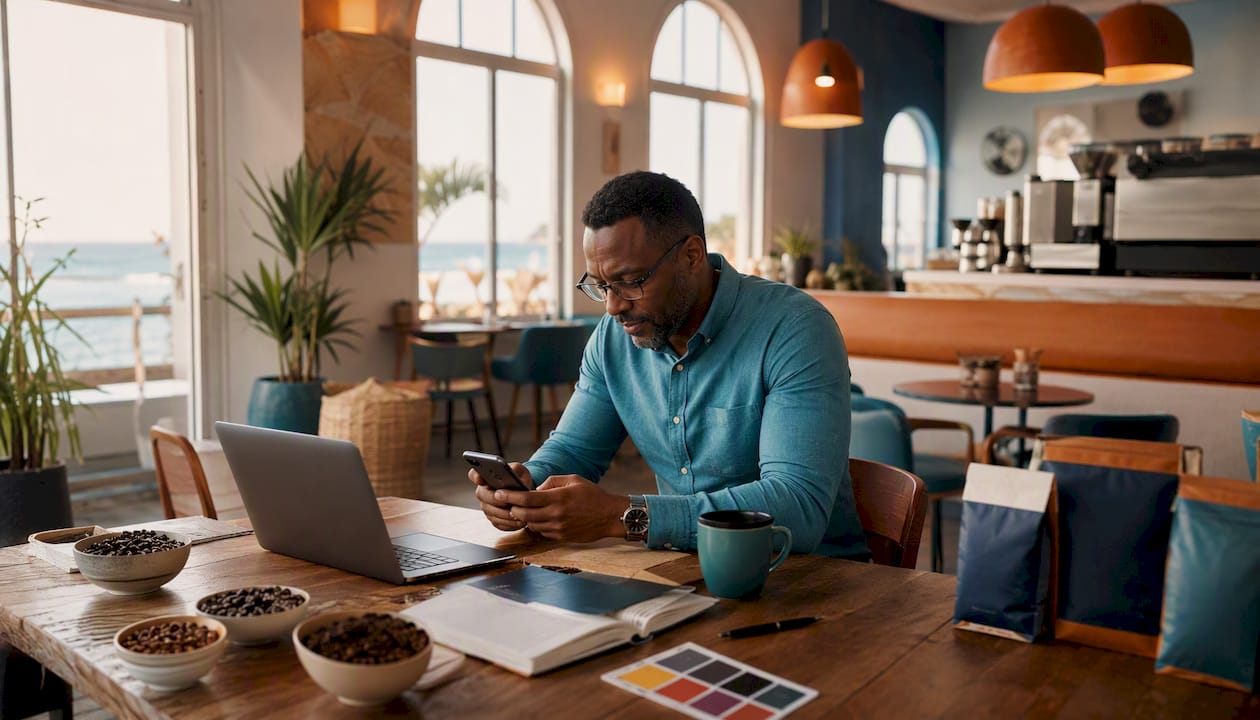 Man customizing coffee subscription on phone at home office desk
