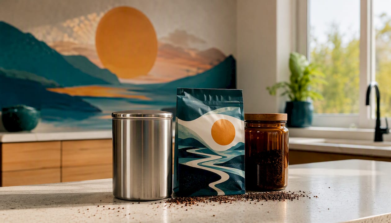 Various coffee storage containers on countertop