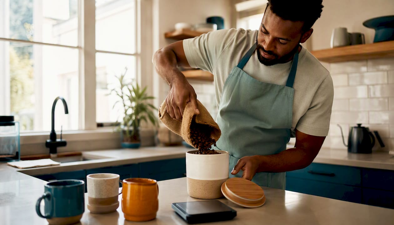 Man transferring coffee beans to smaller jar