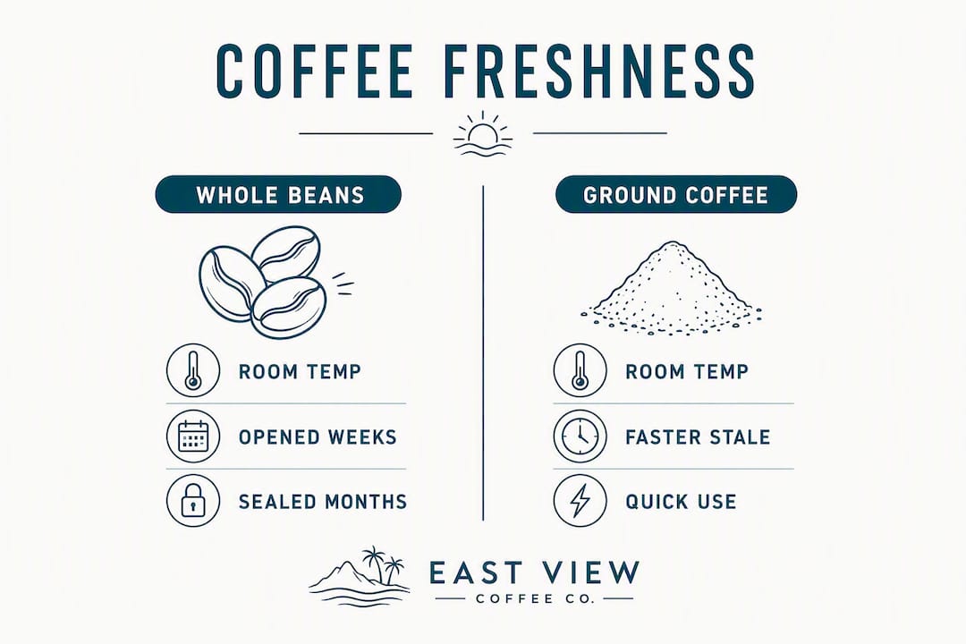 Infographic comparing whole beans and ground coffee freshness