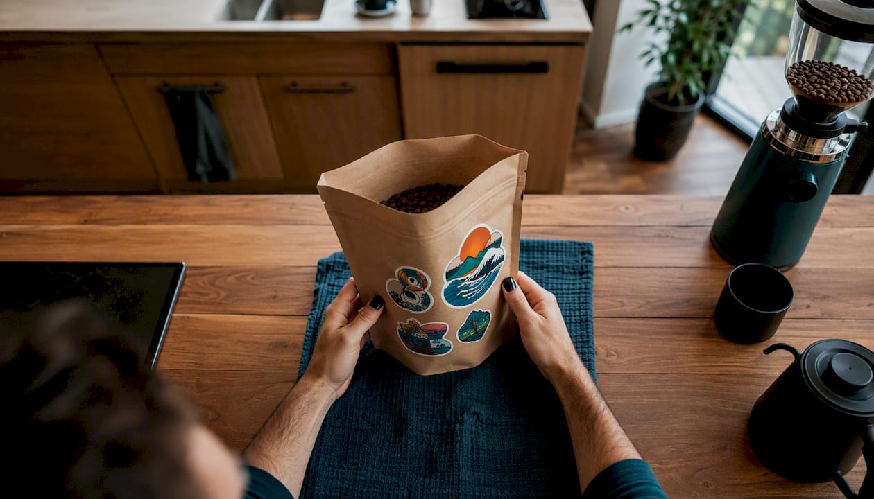 Close-up of hands holding coffee bag at home