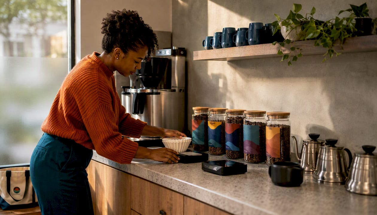 Hands arranging coffee supplies in office break room