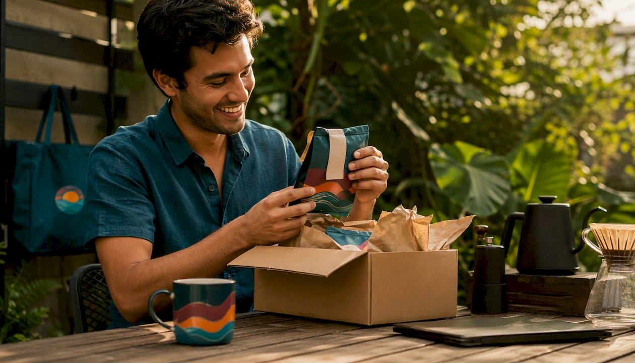 Man unboxing small batch coffee subscription