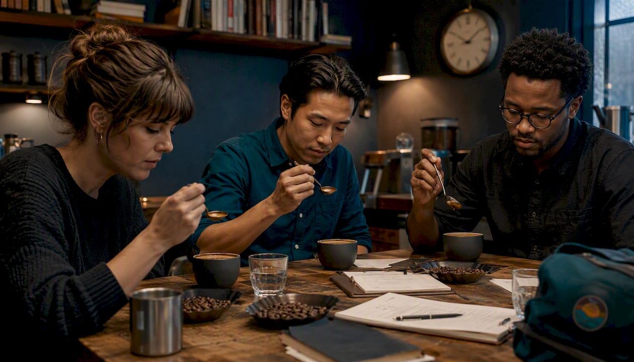 Group cupping coffee in tasting lab