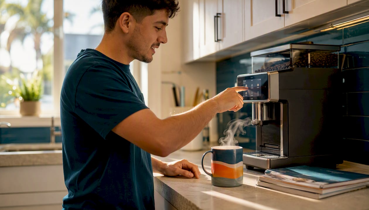 Technician using commercial coffee machine