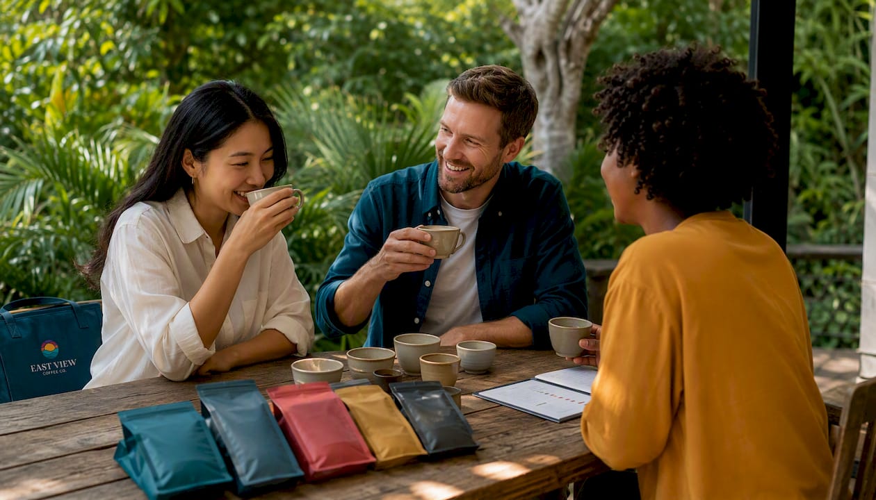 Professionals sampling coffee at tasting demo
