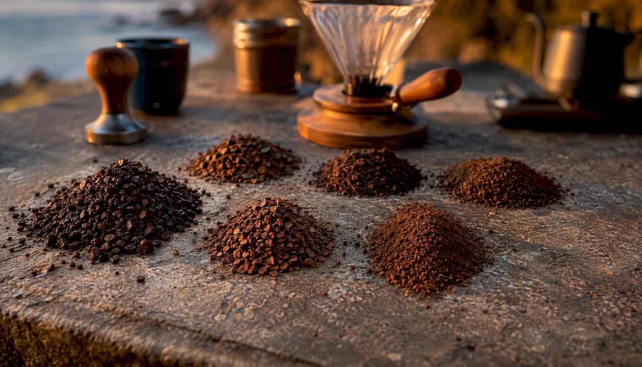 Various coffee grind sizes with brewing tools