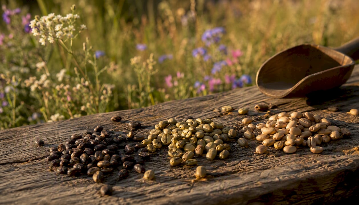 Rare low caffeine coffee beans on wood