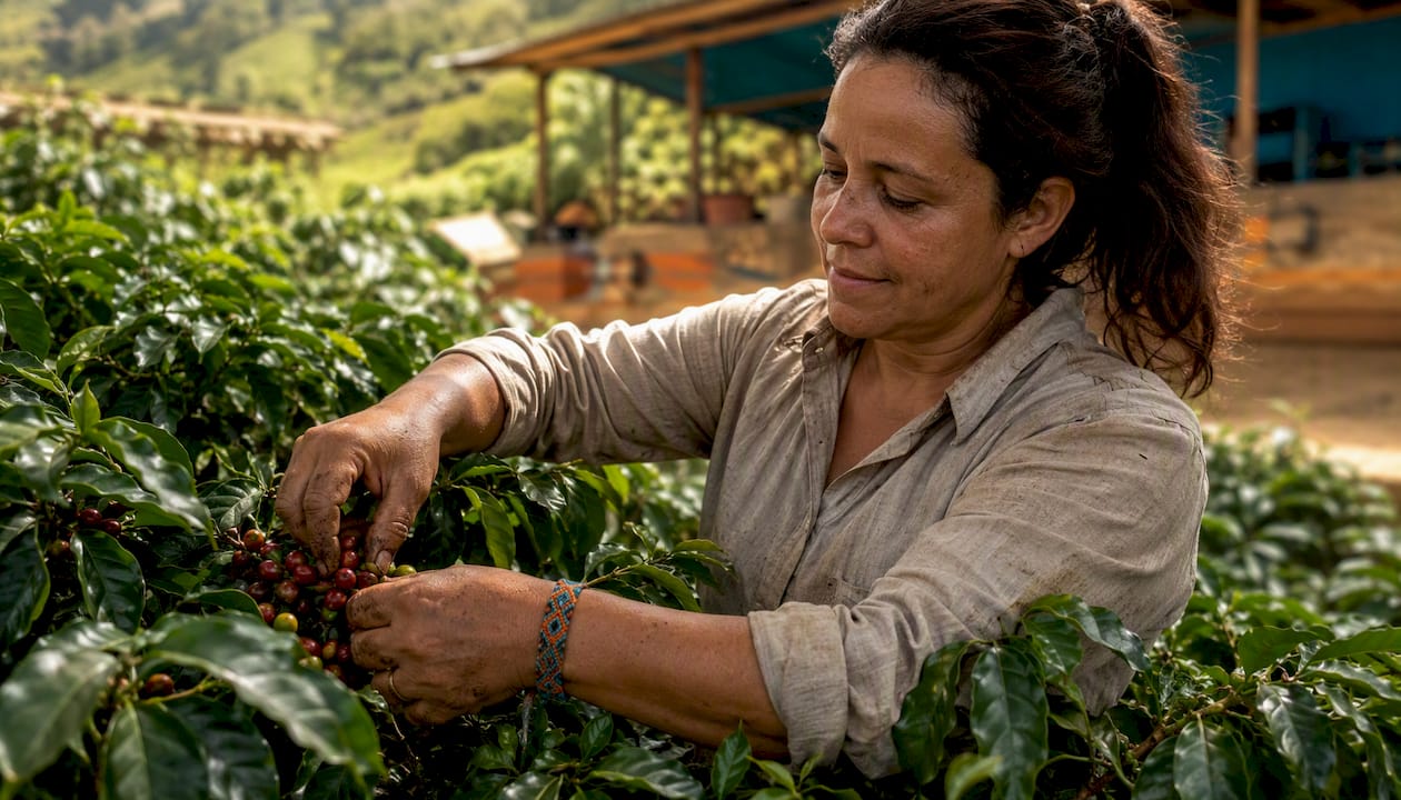 Woman coffee farmer picking ripe coffee cherries