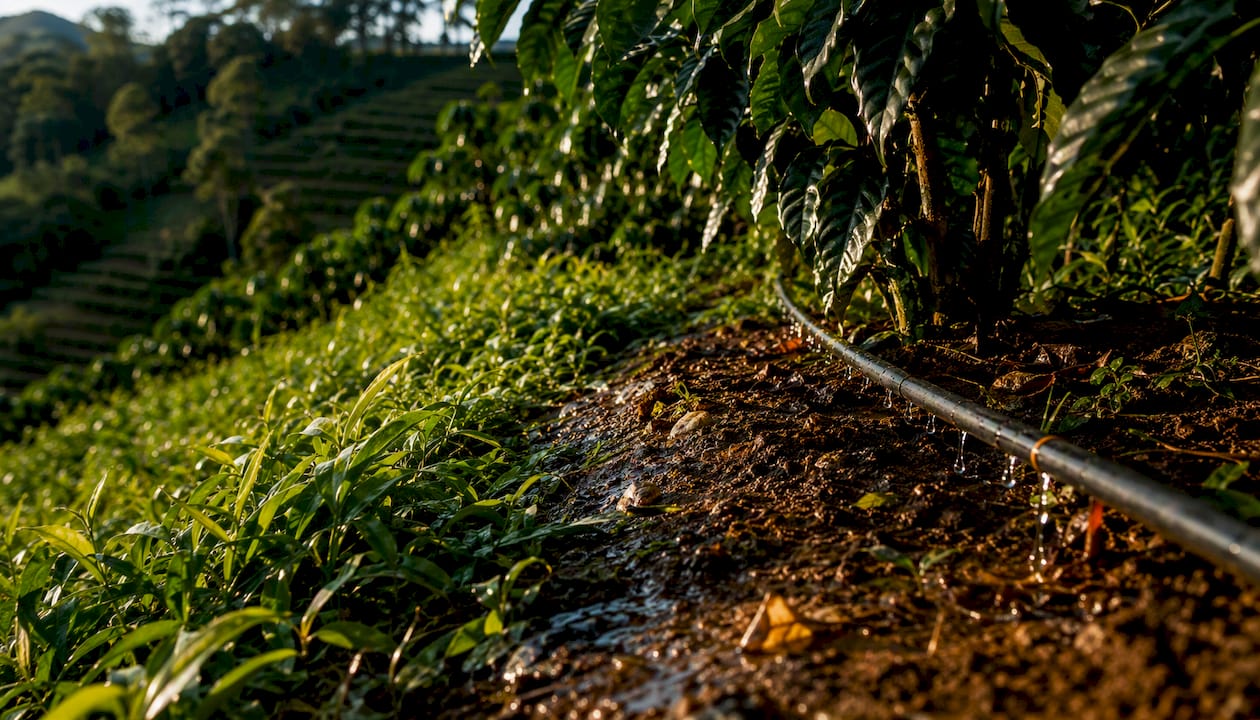 Drip irrigation system watering coffee plants