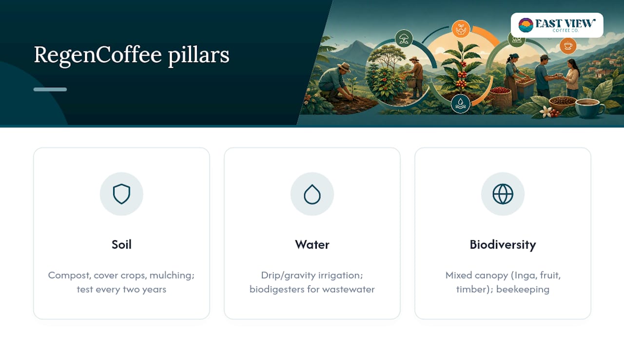 Diagram of soil, water, biodiversity pillars in coffee farming