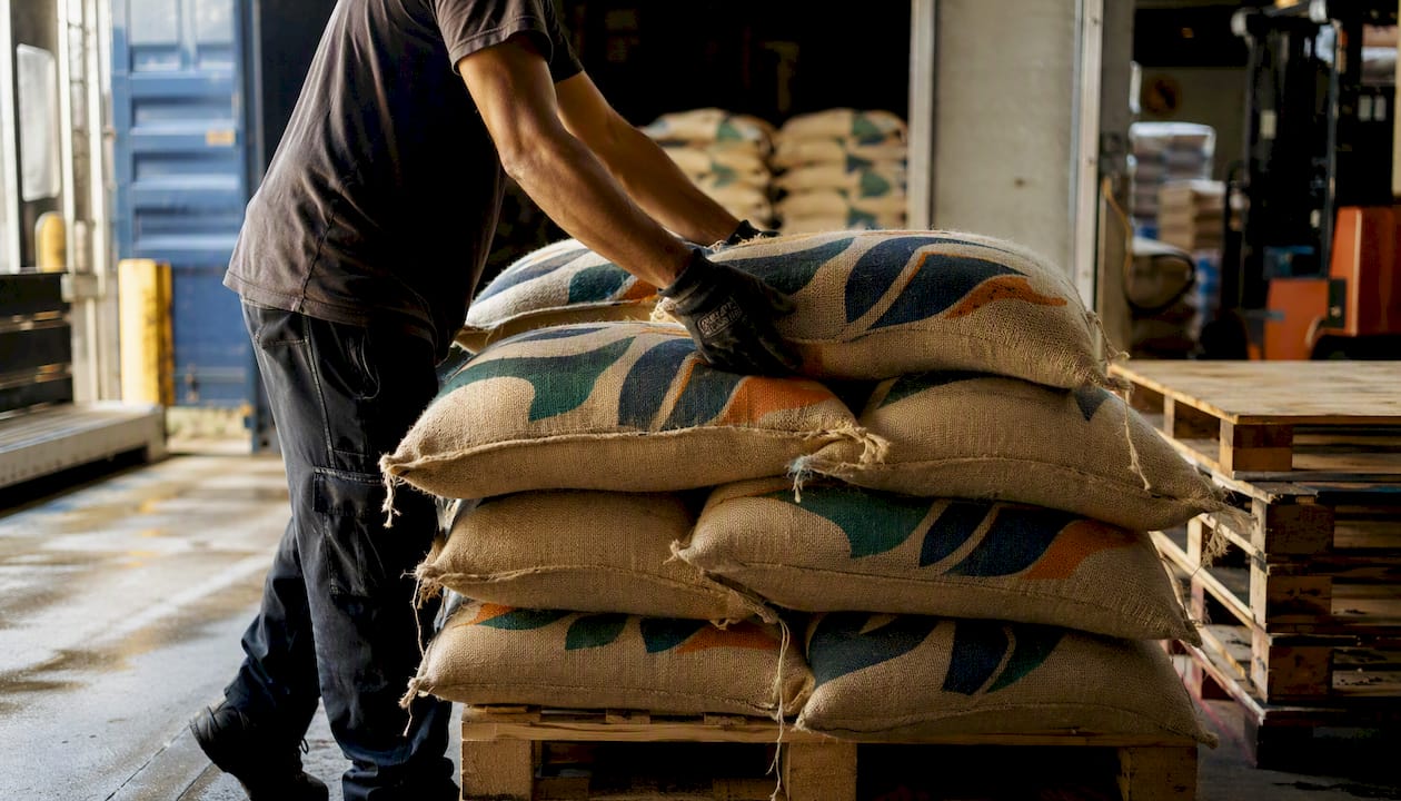 Coffee sacks stacked at loading dock