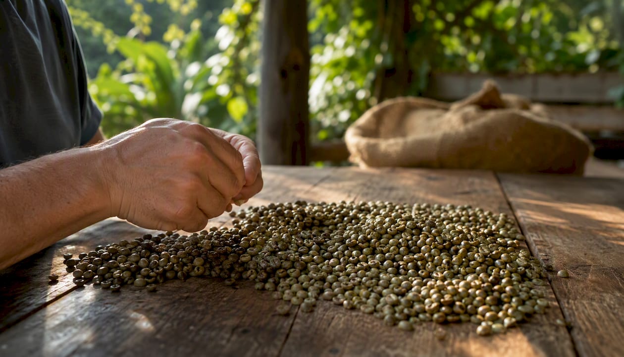 Hands sorting green peaberry coffee beans manually