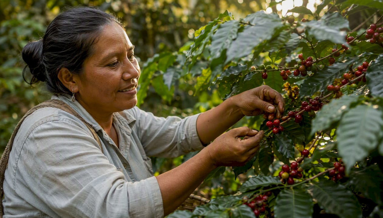 Woman handpicking ripe coffee cherries on farm