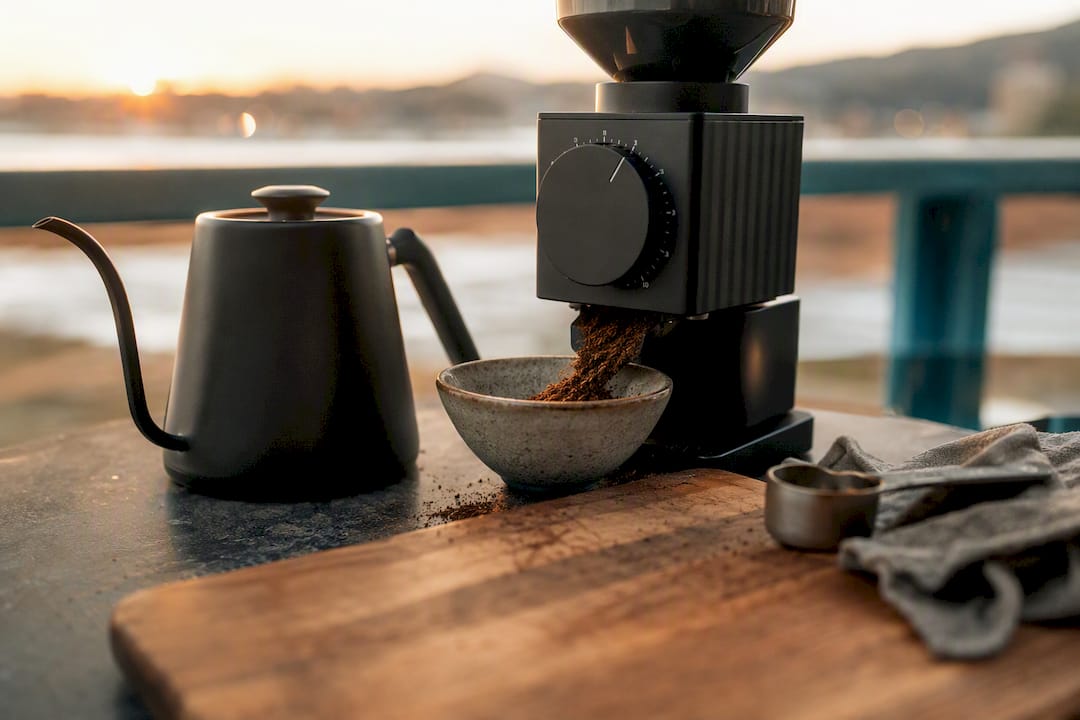 Gooseneck kettle and burr grinder setup