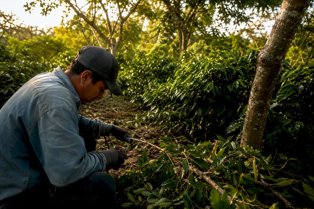 Farmer pruning shade trees in coffee farm