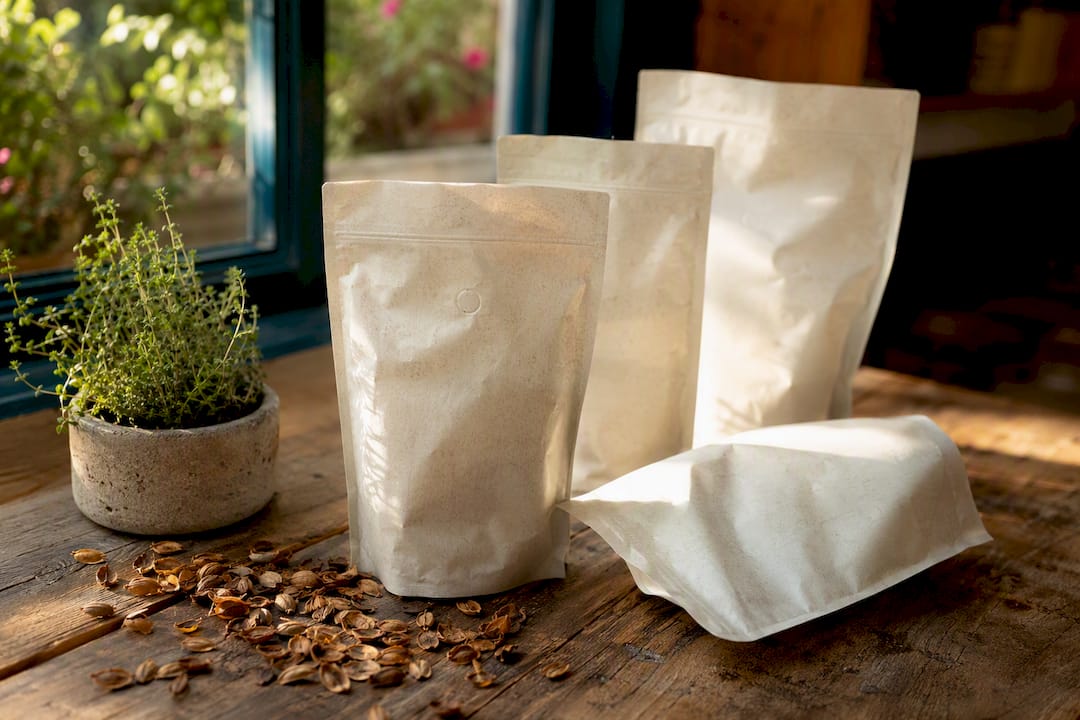 Close-up on compostable PHA coffee bags on table