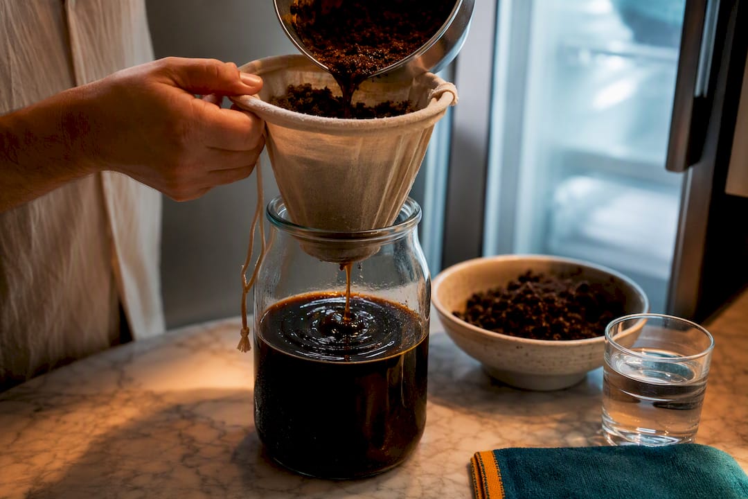 Cold brew concentrate straining into jar
