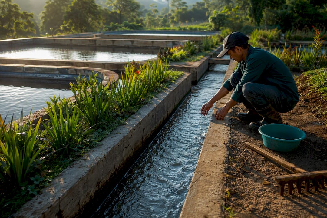 Coffee mill wastewater treatment ponds and channel