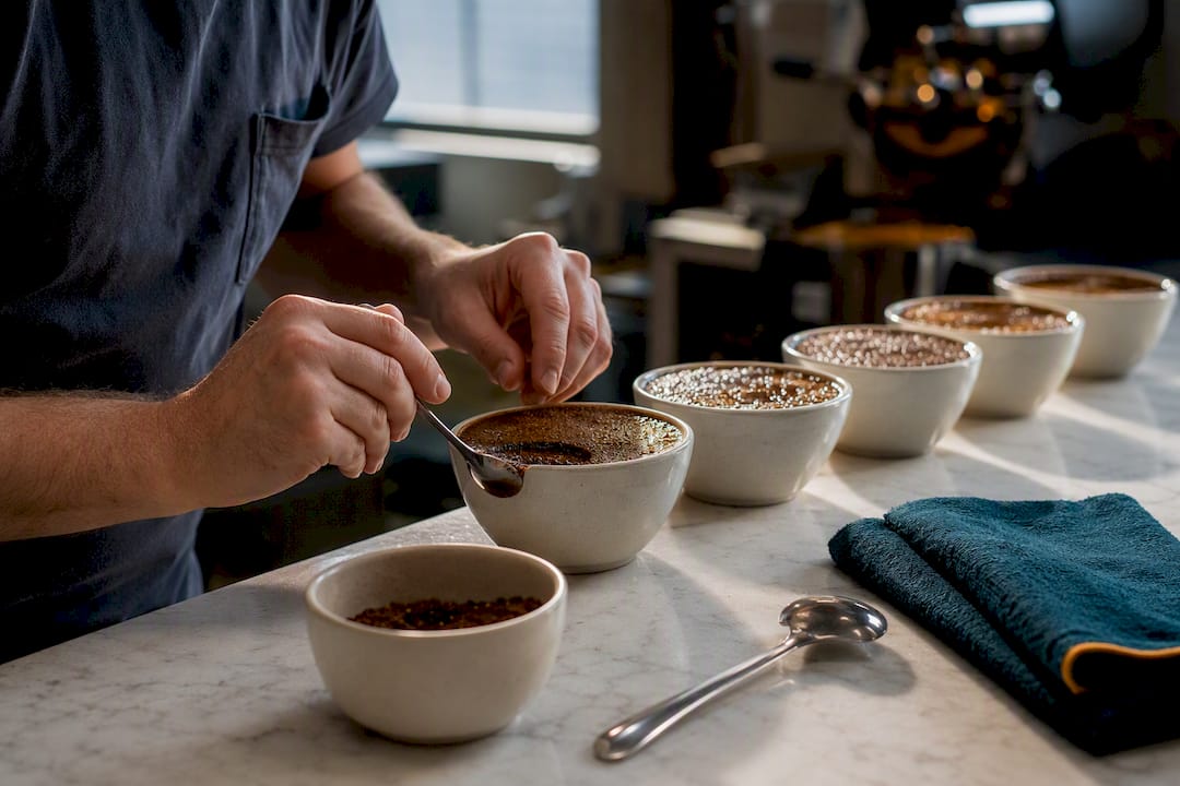 Hands breaking crust during coffee cupping