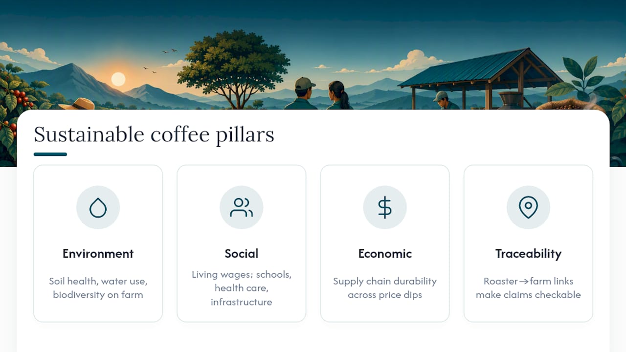 Three connected pillars of sustainable coffee