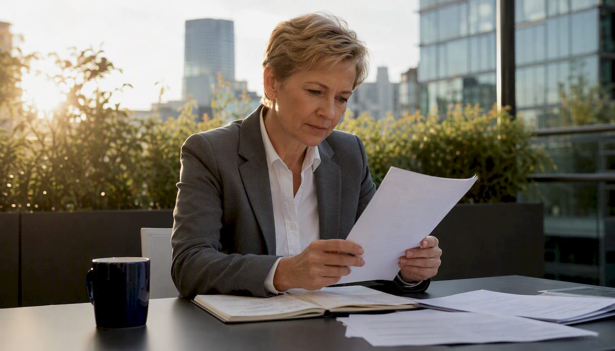 Eine Geschäftsfrau prüft am Schreibtisch sorgfältig die Einhaltung von Vorschriften und Richtlinien.