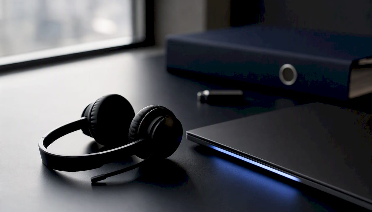 Ein Schreibtisch mit Headset, leuchtendem Laptop und sicherem USB-Stick – bereit für produktives und geschütztes Arbeiten.