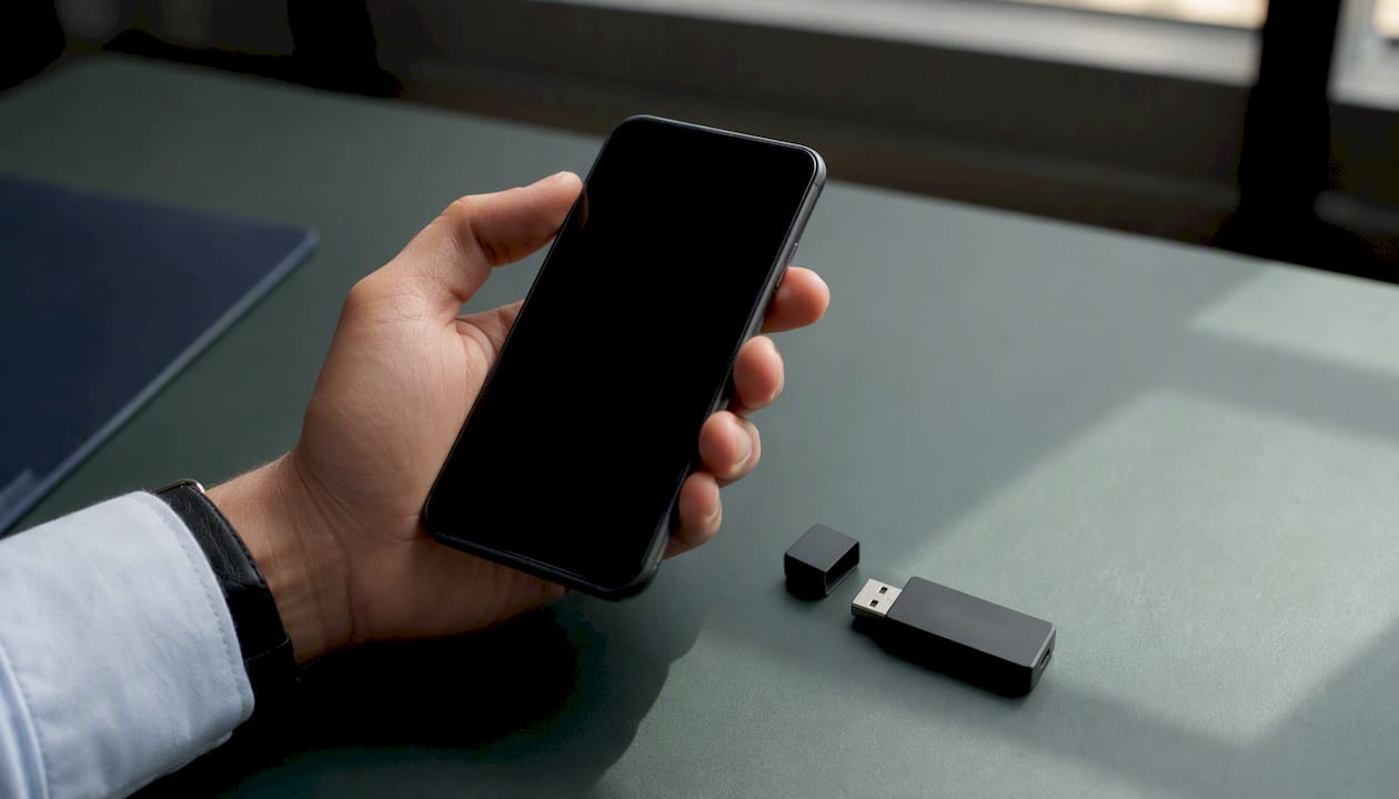 Eine Hand hält ein Smartphone und einen anonymen USB-Stick.