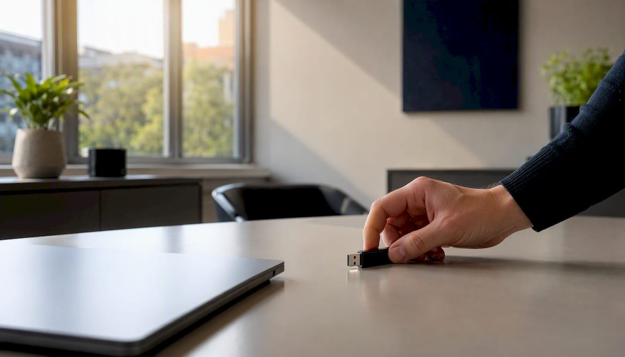 Eine Hand legt einen USB-Sicherheitsschlüssel auf den Schreibtisch.