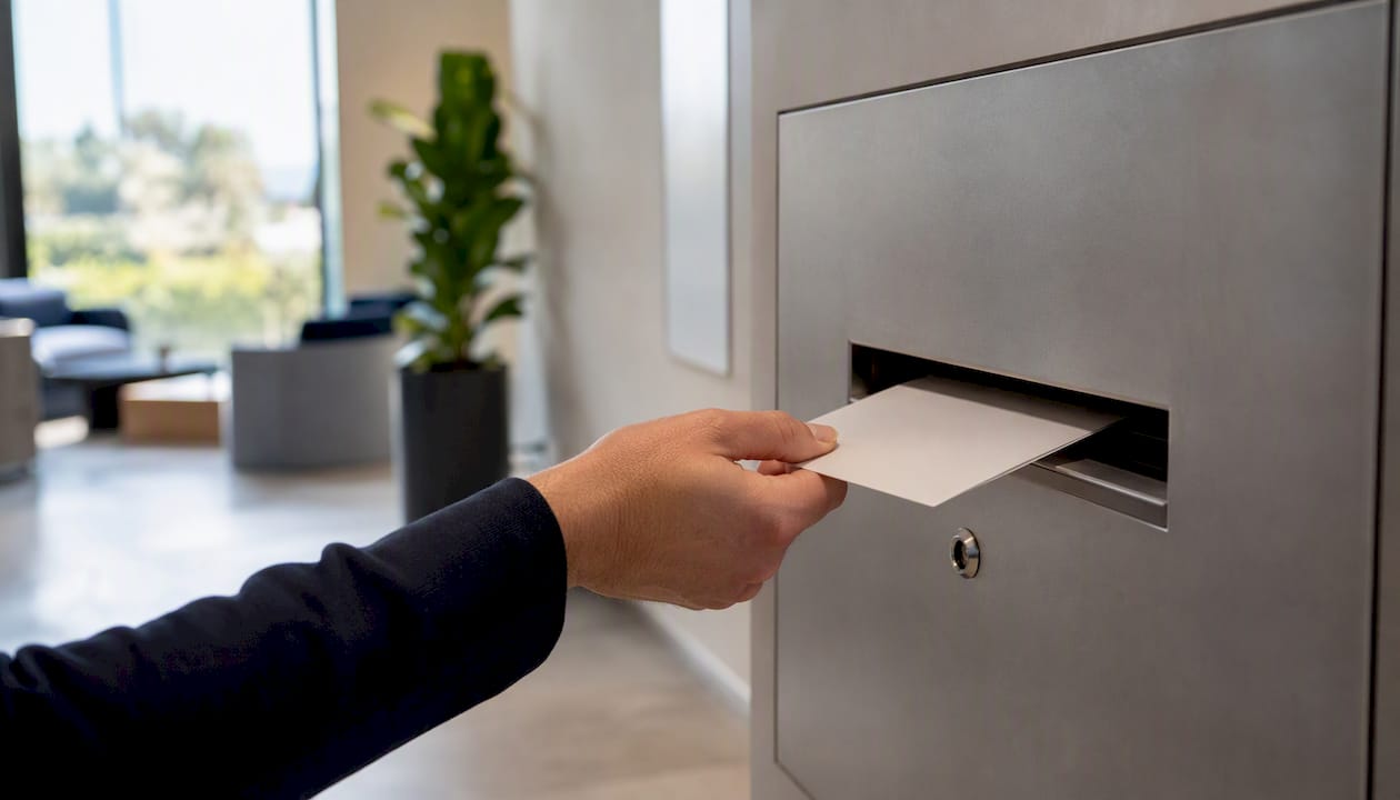Eine Hand wirft einen anonymen Hinweis in eine verschlossene Meldungsbox.