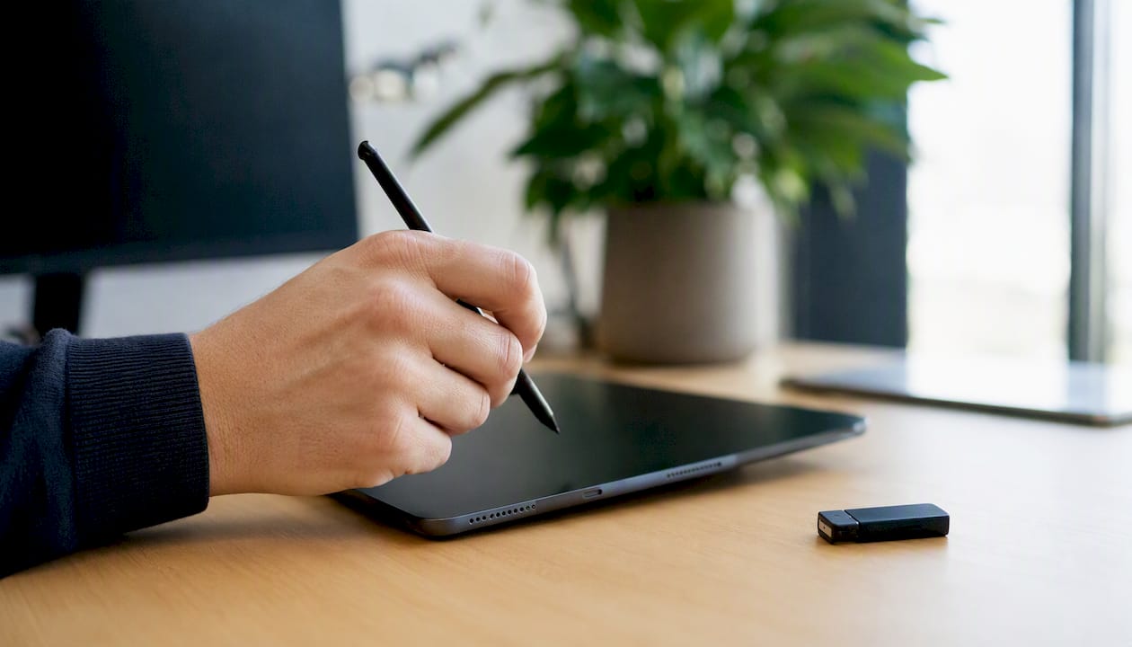 Eine Hand führt mit einem Stift auf dem Tablet die Vorbereitung von Compliance-Dokumenten durch.