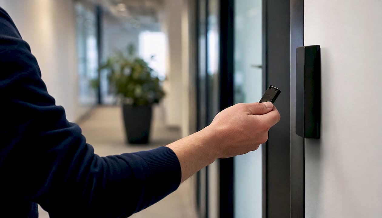 Eine Hand hält einen Sicherheitstoken und gibt am Tastenfeld einen Code ein.