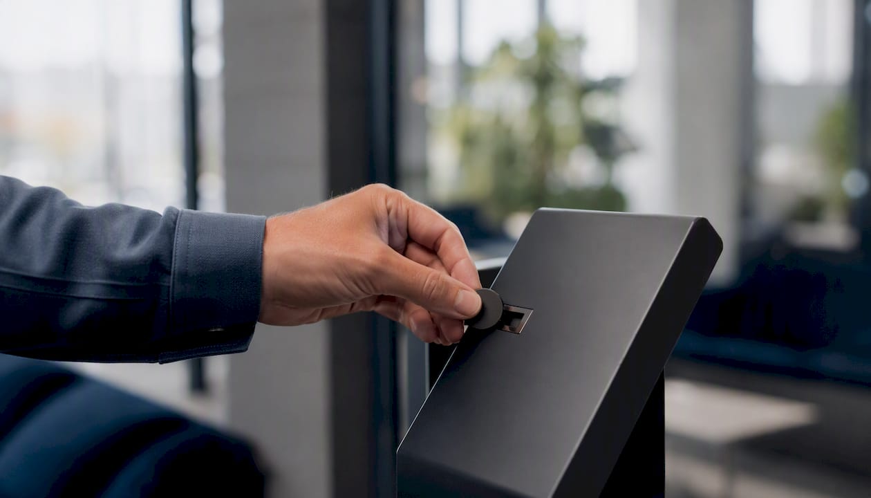 Eine Hand steckt einen Sicherheitstoken in ein Lesegerät im Compliance-Büro.