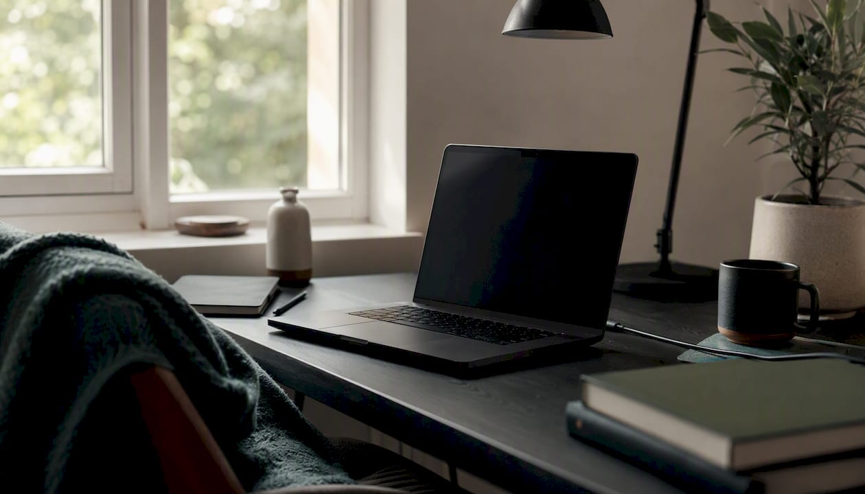 Tmavý notebook odložený v rohu kanceláře jako symbol ochrany osobních dat.