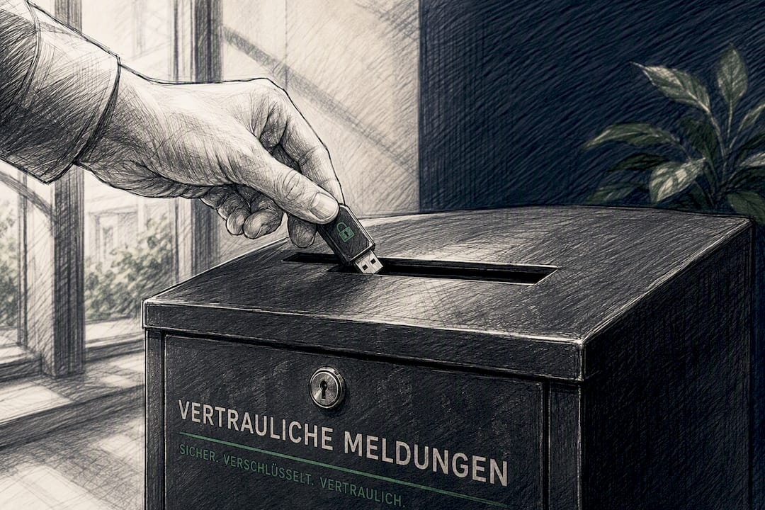 Eine Hand wirft einen Sicherheitstoken in den verschlossenen Einwurfkasten.