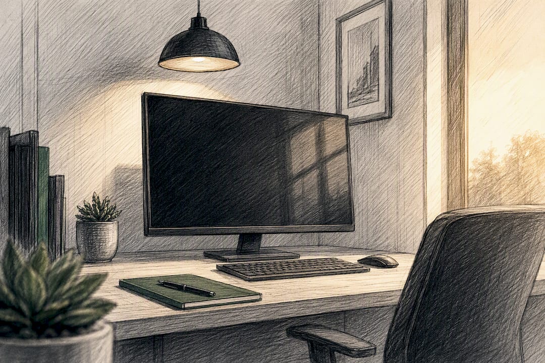 Temný kancelářský monitor vedle stolní lampy