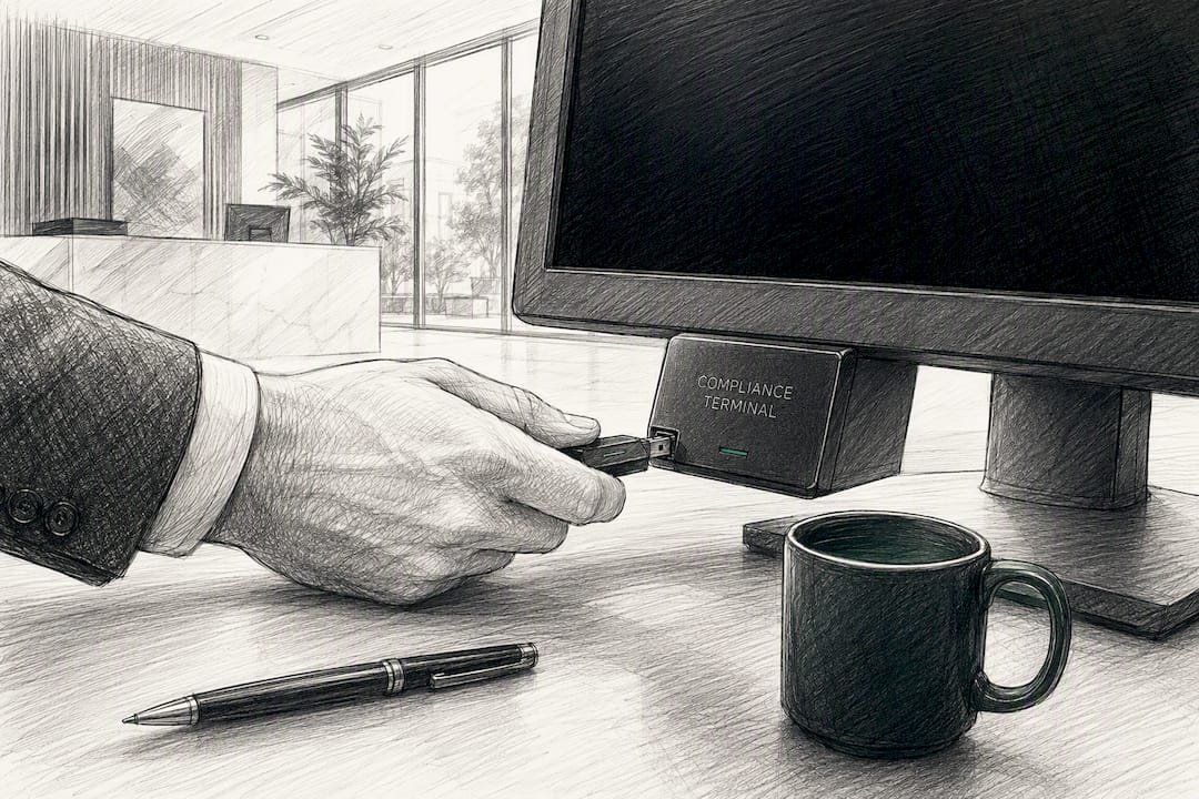 Hand steckt einen USB-Sicherheitsstick ein