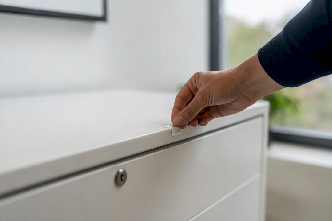 Hand legt Sicherheitstoken neben Aktenschrank
