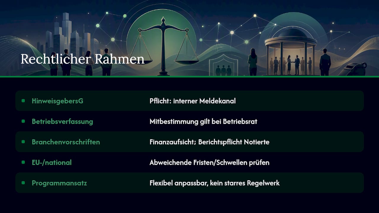 Rechtlicher Rahmen: Diese Vorgaben prägen Ihr Programm — overview diagram